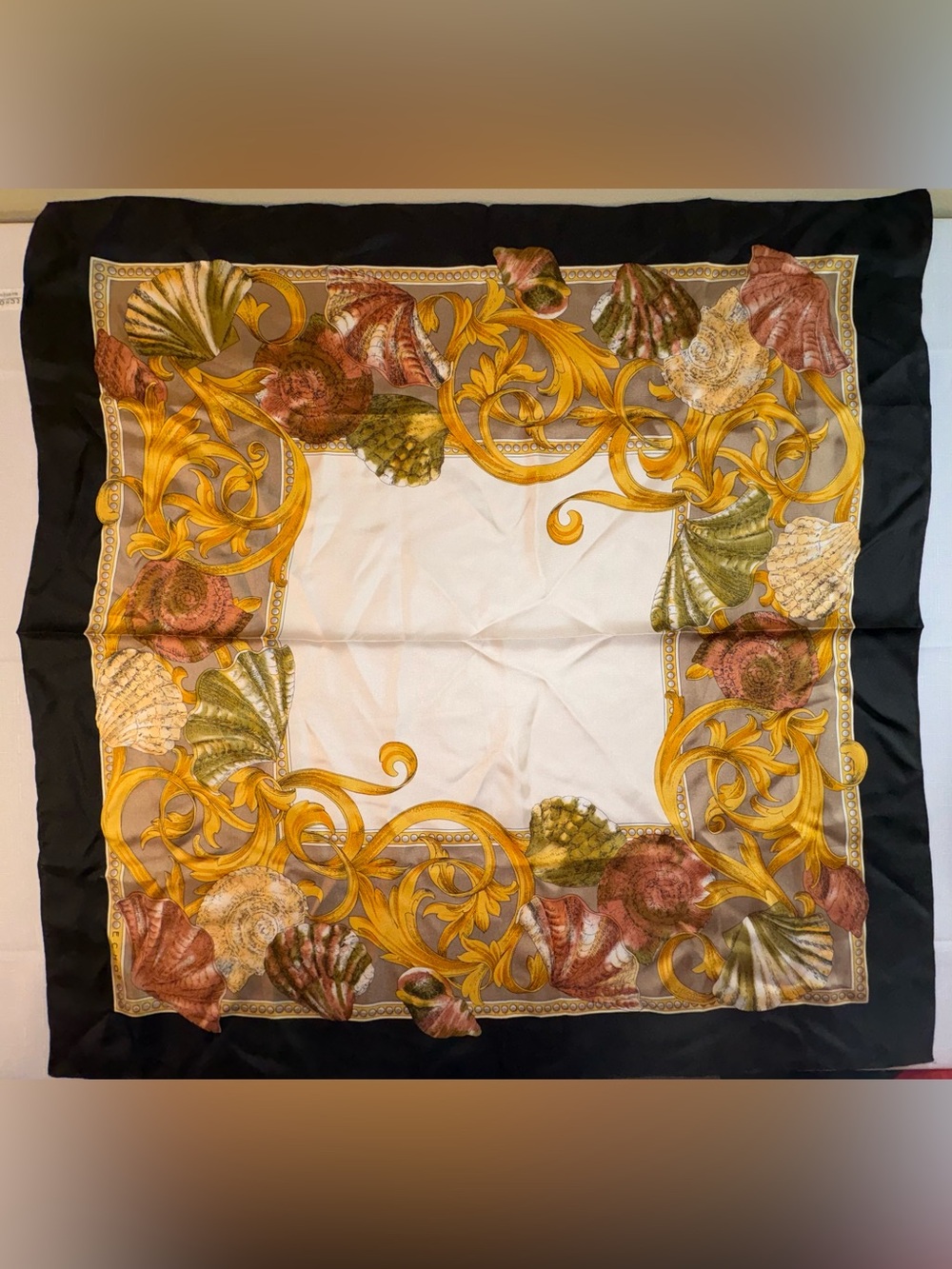 Vintage Silk Scarf, Navy and Gold w Iconic Seashell & Feather Design, 31" Square